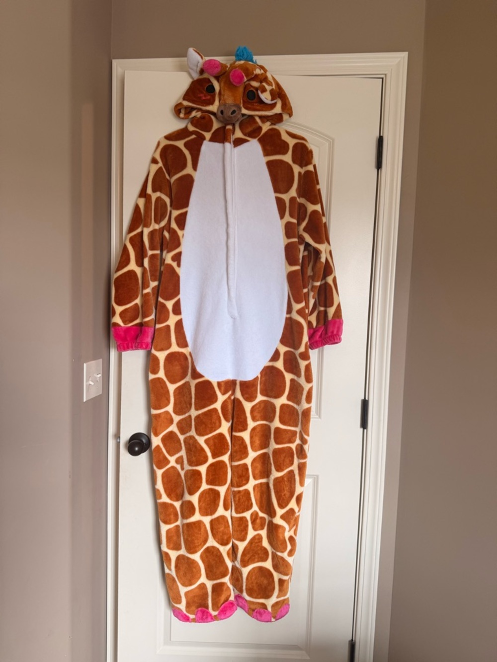 Giraffe Hooded Plush Onesie Pajama - Brown & White with Pink Accents